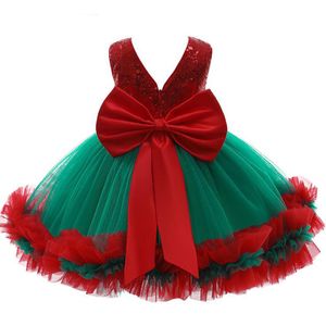 女の子のドレス年生の女の子のクリスマスドレスエレガントスパンコンビッグボウプリンセスパーティーウェディングドレスレースチュチュチドゥキッズ服230403