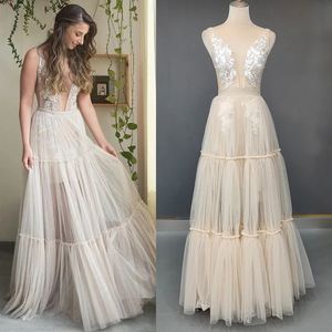 Backless V Neck Tulle Wedding Gowns Drop Ship Pus Size Tiered Mesh Sleeveless Beach Open Back Bridal Dress