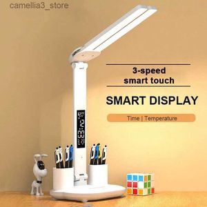 Desk Lamps LED Clock Table Lamp USB Chargeable Dimmable Desk Lamp 2 Heads 180 Rotate Foldable Eye Protection Reading Night Light Q231104