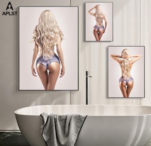 Seksowne seminude nagie blond kobiety płótno plakaty i grafiki obrazy dziewczyny zdjęcia ścienne figurka sztuka do łazienki salon 3121838