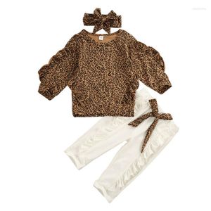 Kläduppsättningar Småbarn Kid Baby Girl Fall Autumn Clothes Ruffle Leopard Tops Leggings White Pants Outfit Set Tracksuit 3st