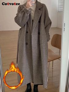 Mulheres misturas de lã Cotvotee Gingham Wool Coat Mulheres Outono Inverno Moda Manga Comprida Solta Casaco Vintage Lace Up Turn Down Collar Jacket 231102