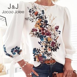 Женские блузкие рубашки Jocoo Jolee Elegant Pufk Elice Teal Teal Frush Рубашка с цветочным принтом o Nece Ladies Chic Tops Свободный шифоновый Blusa 230403