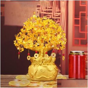 Objetos decorativos Figuras de cristal amarelo Citrine Lucky Tree Chinese Feng Shui Money Fortune for Des Dh3Hz