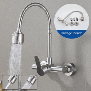 Kitchen Faucets Wall Mounted Stream Sprayer Faucet Single Handle Dual Holes SUS304 Stainless Steel Flexible Hose Mixer Taps CP10