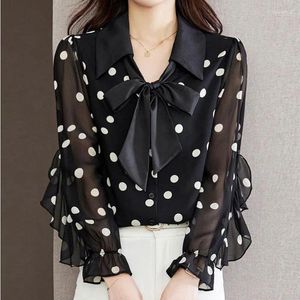 Blusas femininas comute polka dot impresso camisa casual babados emendados roupas femininas single-breasted primavera polo-pescoço cordão arco