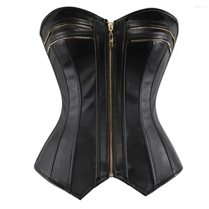 Bustiers espartilhos moda preto falso couro espartilho topos steampunk zip sexy overbust cintura cincher corpo shaper plus size