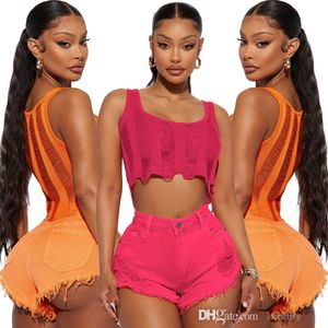 Summer Women's Tracksuits Fashion Casual Two Piece Sets Sexy Hollow Out Halter Tank Tops Hole Ragged Denim Shorts Suits 2 Piece Outfits For Women