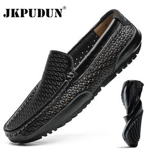 Kleid Schuhe Sommer Herren Schuhe Casual Luxusmarke Echtes Leder Herren Loafers Mokassins Italienische Atmungsaktive Slip-On Bootsschuhe Schwarz JKPUDUN 230403