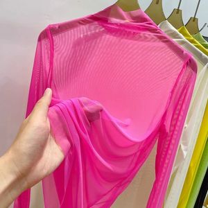 Women's T-Shirt Transparent gauze bottoming t-shirt for women summer long sleeved t-shirt with gauze shirt and half high collar sunscreen P3 851 230331