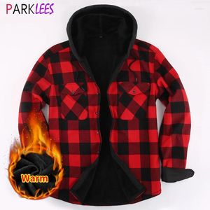Мужские повседневные рубашки, красная, черная клетчатая ковбойская рубашка с капюшоном в стиле вестерн, зимняя куртка-рубашка для мужчин, флисовая льняная фланелевая теплая клетчатая мужская сорочка