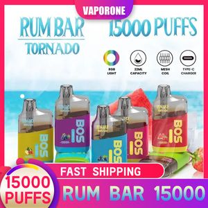 Новейший QST RUM BAR Tornado box 15000 затяжек Одноразовая ручка для вейпа 16 вкусов Электронная сигарета для вейпа Сетчатая катушка RGB Свет мигающий европейский рынок Оригинал 100%