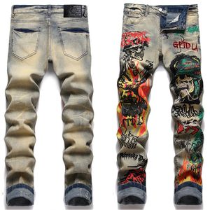 Nya modemän robin ripper jeans denim byxor mager fit smal stretch mäns miri skalle målade cyklist jean byxor lapptäcke orolig grått lapp moto slitage