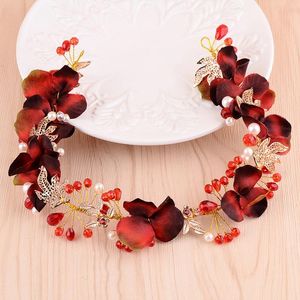 Hair Clips Artificial Flower Hairband Wedding Tiaras For Women Red Floral Pearl Headband Elegant Girls Hoop Bridal Headwear Jewelry