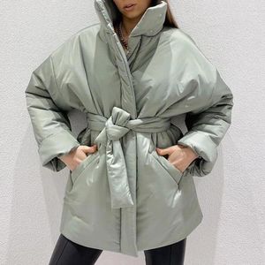 Women's Down AOOA Casual Collected Waisted Parkas Women Fashion Simple Coats Elegant Spring Stand Collar Cotton Jackets Female Ladies