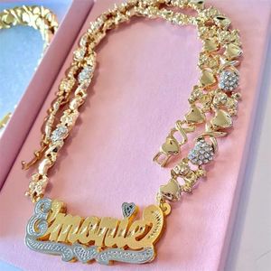 Pendant Necklaces Personalized Necklace Custom Gold Plated Name Teddy Heart XOXO Chain Double Layer Two Tone with 231102