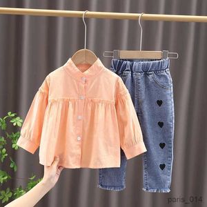 Kleidungssets Neues Frühlings-Kinderkleidungs-Langarmhemd-Jeans-Teilset für Mädchen aus festem Baumwollhemd-Jeansanzug für Mädchen im Alter von 1 bis 5 Jahren