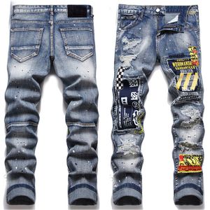 New Mens Robin Ripper Jeans Denim Pants Skinny fit Slim Dot Painted stretch Men's Miri Biker Jean Trousers Patchwork Distressed Grey Patch Moto wear