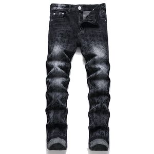 Svart tryckt stretch mager jeans för män casual smal bomull denim byxor fjäder hösten slipad vit mid-midjebyxor storlek 29-38