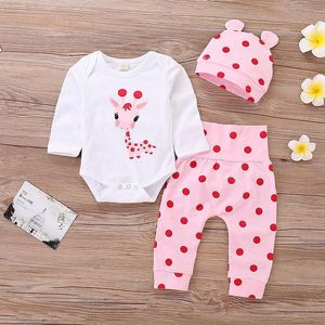 Rompers Baby Girl Clothes Polka Dot Born Outfits Set Cute Giraffe Spädbarnskläder med hattfjäderhöst