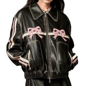 Bow Motorcycle Leather Jacket Female Autumn Fashion Zipper Polo-neck Tops Sweet Cool Personal Street Vintage Oversized Coats