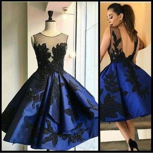 Royal Blue Short Homecoming Dresses Sheer Jewel Neck Appliques Sexy Backless Prom Gowns Junior Graduation Cocktail Dress