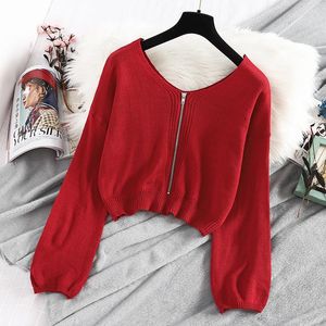 Women's Sweaters Design Sense Niche Short Red Sweater Women Autumn 2023 Korean Version Of All-Match Zipper Pure Color