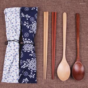 Dinnerware Sets Japanese Natural Wooden Chopsticks Spoon Set Travel Portable Environmental Picnic Tableware Gifts With Gift Cloth Bag