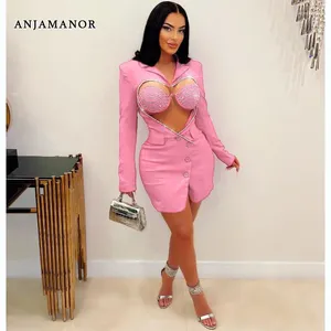 Casual Dresses ANJAMANOR Sparkly Rhinestone Hollow Out Two Piece Blazer Dress Fall 2023 Luxury Womens Sexy Birthday Party D35-FI44