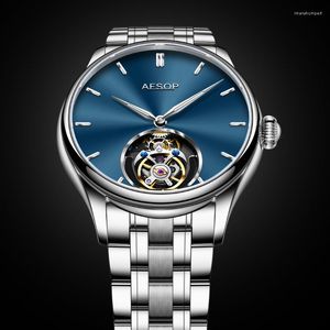 Bilek saati Eesop Erkekler Orijinal Mekanik İskelet Tourbillon Bilek saati Sapphire Manuel Sargı İnce Çelik Kayış Erkekler Montree