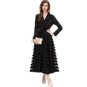 Women's Runway Dresses Notched Collar Long Sleeves Tiered Ruffles Patchwork Elegant Party Prom Vestidos