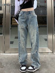 Damen Jeans Weekeep y2k Star Patchwork Jeans Damen Streetwear Low Rise Straight Leg Denim Cargo Pants Baggy Harajuku Vintage Casual Jean 90er 230403