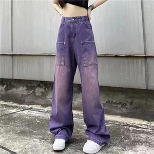 Kvinnors jeans lila hög midja bred ben för gata ins modedesign lösa smala raka rörgolv drar byxor