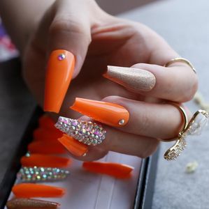 Оранжевый УФ-гель для накладных ногтей, голографический дизайн ногтей, кристаллы, удлиненные накладные ногти в виде гроба, стразы3039422