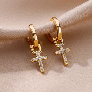 Stud Zircon Cruz Dangle Brincos Para Mulheres Meninas Aço Inoxidável Cruz Brinco Trending Casal Casamento Estético Jóias Aretes 231102