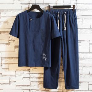 Men's Tracksuits Men's Clothing Large Size Tracksuit Husband Summer Suit Cotton Linen t-shirt Fashion Male Set Chinese Style 5XL Plus Two Piece 230403