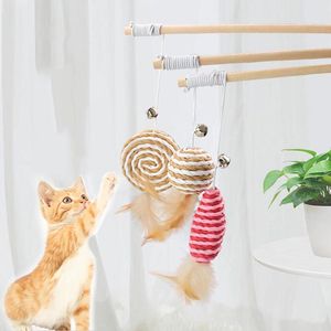 Cat Toys Creative Wood Pet Teaser Rod Interactive Funny Linen Sticked Replacement Head Accessories Supplies
