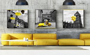 Nordisk stil svartvita affischer och skriv ut gul motorcykelballong paraply canvas konst målning vägg bild för vardagsrum3173881
