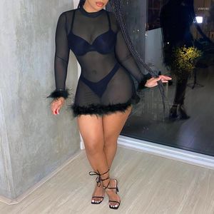 Casual Dresses AVV SEXY SEWE-THROUGH Black Mesh Dress Feather Patchwork Midnight Clubwear Long Sleeve O Neck Party Mini BodyCon 2023