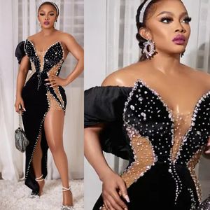 Asymmetrical Mermaid Aso Ebi Prom Dresses One Shoulder Short Sleeves Front Split Black Sexy Gala Sparkling Evening Dress Event Dance Evening Gowns Short