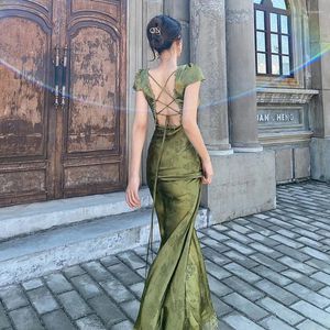 Casual Dresses Elegant Green V-Neck Satin Jacquard Dress Women's Backless Sexy Maxi Summer Ladies Vintage Vestidos Female Clothing DD158