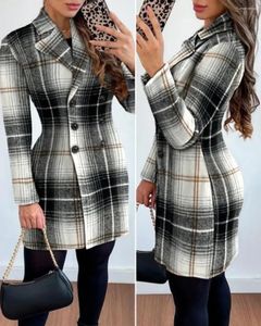 Casual Dresses Autumn Winter Plaid Woolen Coat Dress Women Causal Office Ladies V-Neck Double Breasted Slim Woman