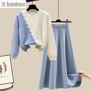 Two Piece Dress Large Korean Autumn and Winter Suit Women Loose Round Neck Knitting Sweater Skirt Two-piece Women's Skirt Suit 230403