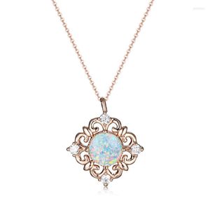 Pendant Necklaces White Opal Round Stone Necklace Vintage Pattern Rose Gold Color Trendy Statement Chain For Women Gift