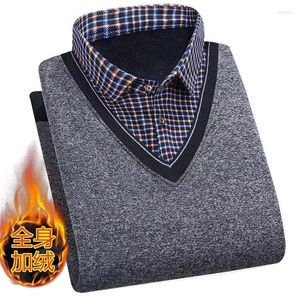 Herrtröjor Autumn Winter Man Fleece skjorta-krage tröja 2023 mode rutnät solid varm manlig sammet förtjockar pullover 3xl