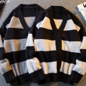 Camisolas masculinas outono inverno contraste listrado com decote em v camisola cardigan solto casual alta rua jaquetas masculinas roupas