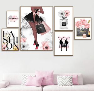 Moda cartaz feminino perfume maquiagem lona arte impressão sexy lábios pinturas de salto alto cartazes flor rosa parede fotos decoração casa 5218914