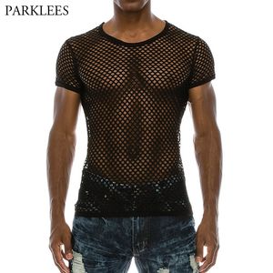 Herr t-shirts herrmesh seing-through fishnet t shirt mode sexig kort ärm underskjorta nattklubb slitage t-shirt utföra streetwear topps 230403