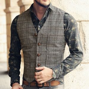 Men's Vests Mens Suit Men Brown Black Waistcoat Vest Man Plaid Steampunk Jacket Striped Tweed V neck Slim Fit Gilet Wedding Clothing 230331