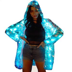 Moletom com capuz feminino Ohlees Womens Meninas LED Lantejoulas Super Flash Jaqueta Saia Colete Light Up Rave Criativo Outer Coat Stage Costume Party Fancy Dress 231102